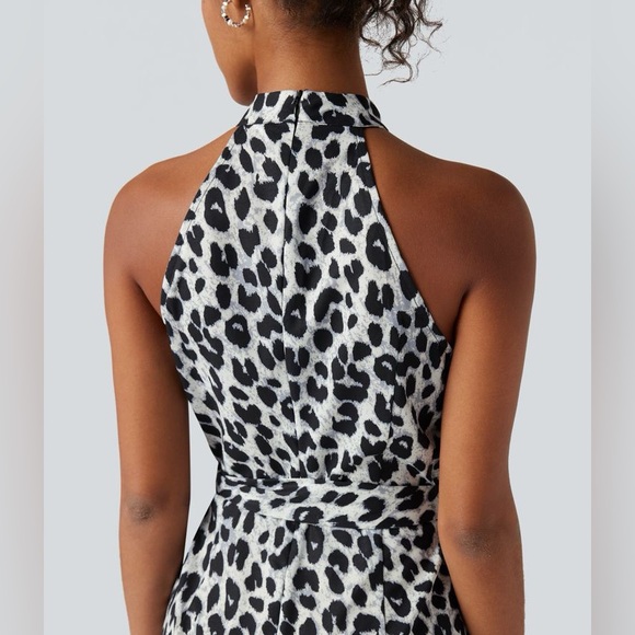 Halter Sleeveless Belted Leopard Party Jumpsuit with Pockets - Picture 4 of 7